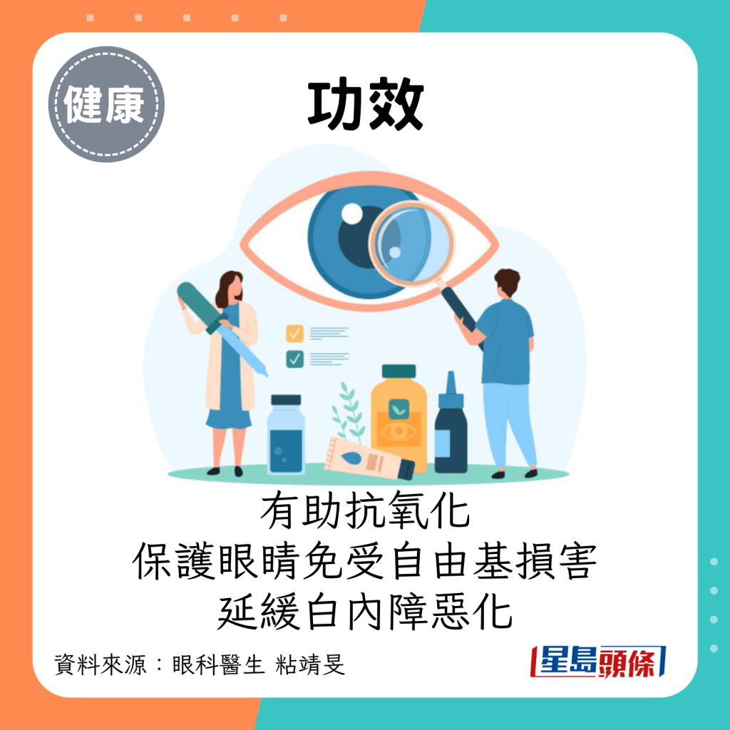 功效：有助抗氧化，保护眼睛免受自由基损害，延缓白内障恶化。