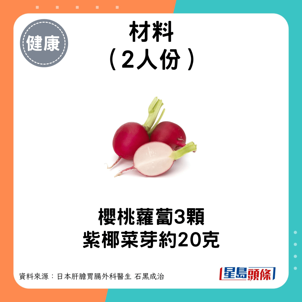 材料：樱桃萝卜3颗、紫椰菜芽1盒（约20g）。
