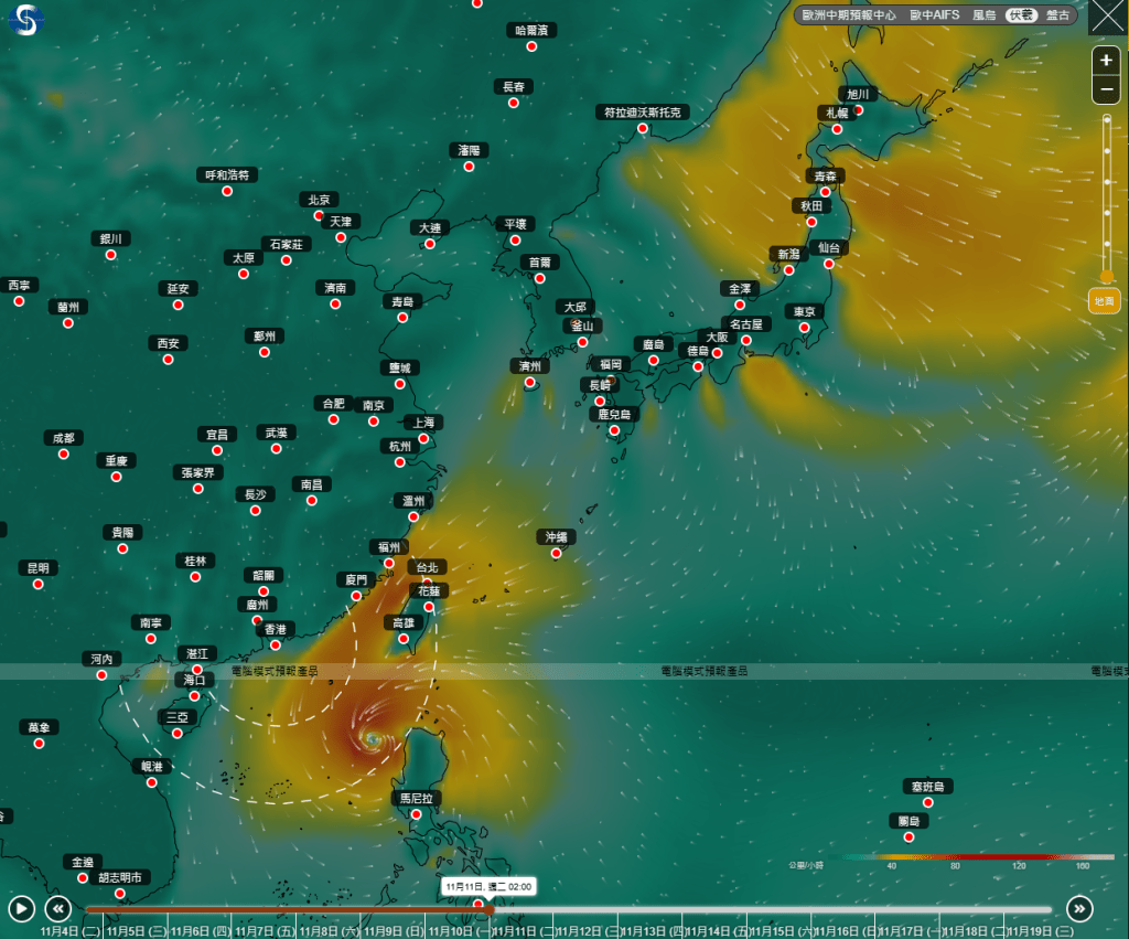 AI電腦模型伏羲預料11月11日會闖港800公里範圍。天文台網頁截圖