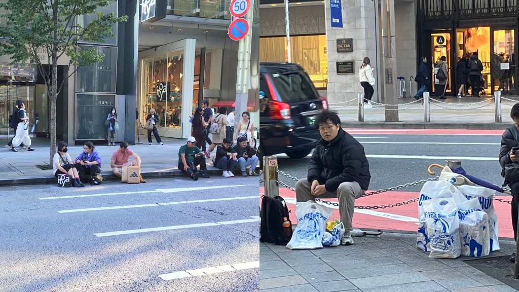 日本高端商圈银座出现游客随地坐的奇观，引发热议。 X