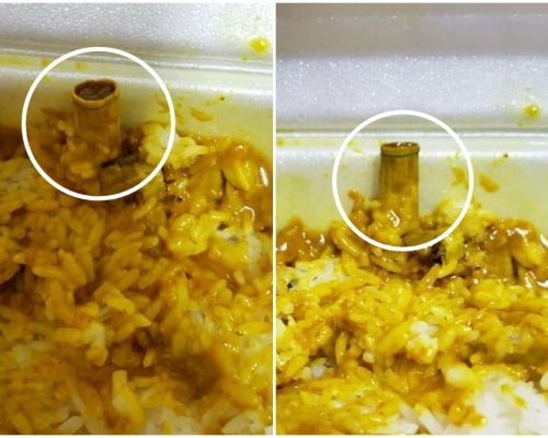 近日有網民外賣咖喱飯，卻見到裡面有煙頭。「中伏飲食報料區」Facebook圖片