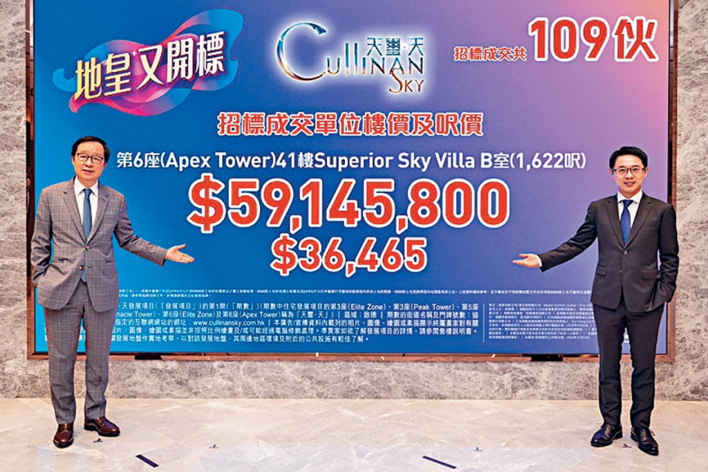 啟德天璽.天錄得本月首宗成交。圖左為新地雷霆、旁為胡致遠。