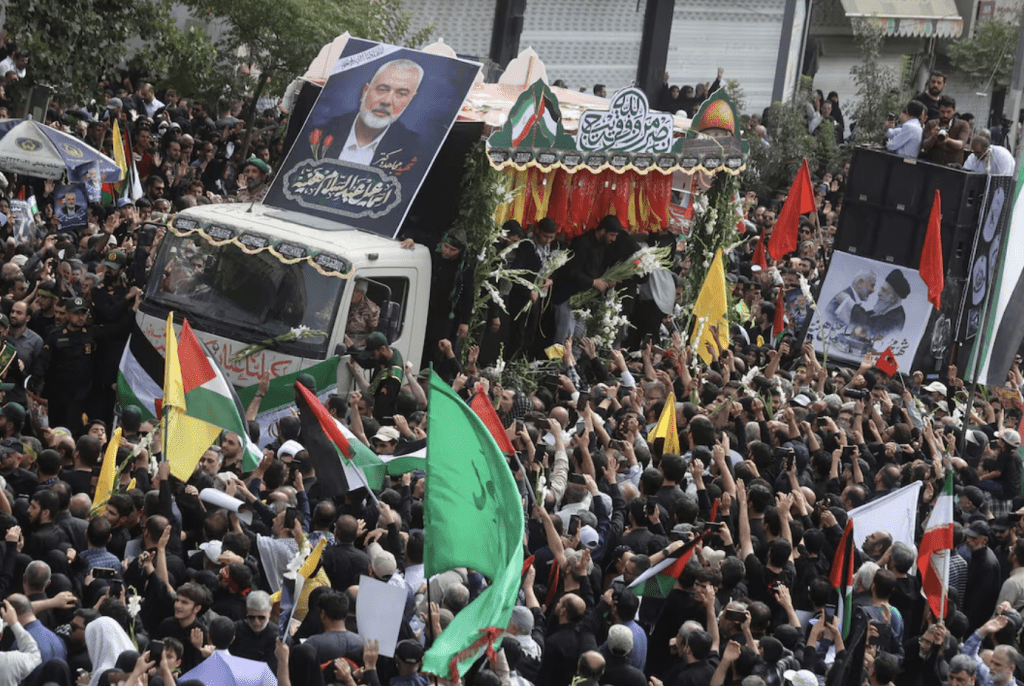 巴勒斯坦武裝組織哈馬斯政治局主席哈尼亞（Ismail Haniyeh）在伊朗首都德黑蘭遇刺身亡，伊朗認為是以色列所為。路透社