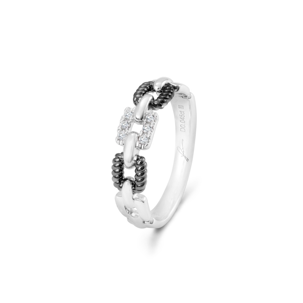 ENCORE系列18K白色及電黑黃金鑽石戒指/$5,488。 