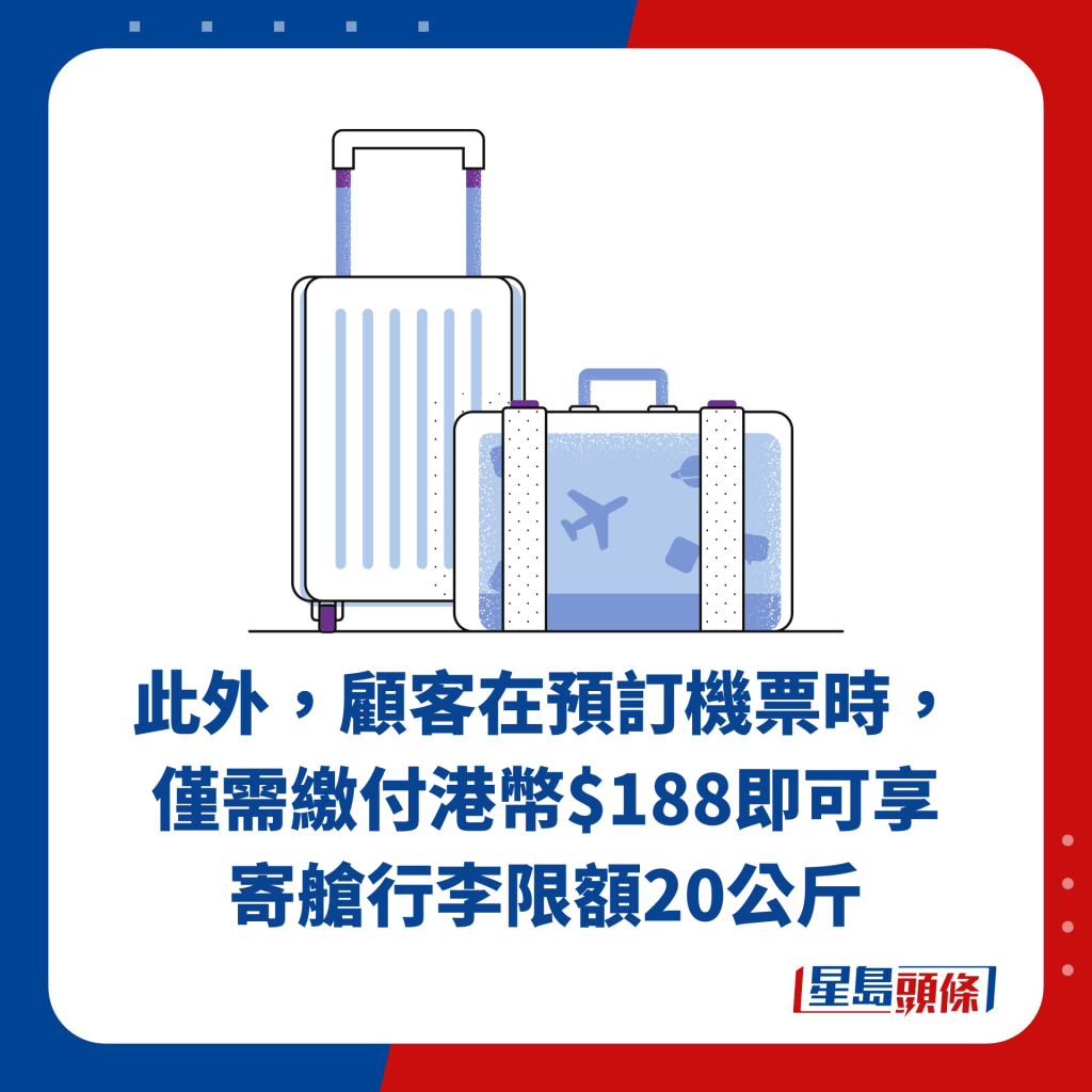 此外，顧客在預訂機票時，僅需繳付港幣$188即可享 寄艙行李限額20公斤