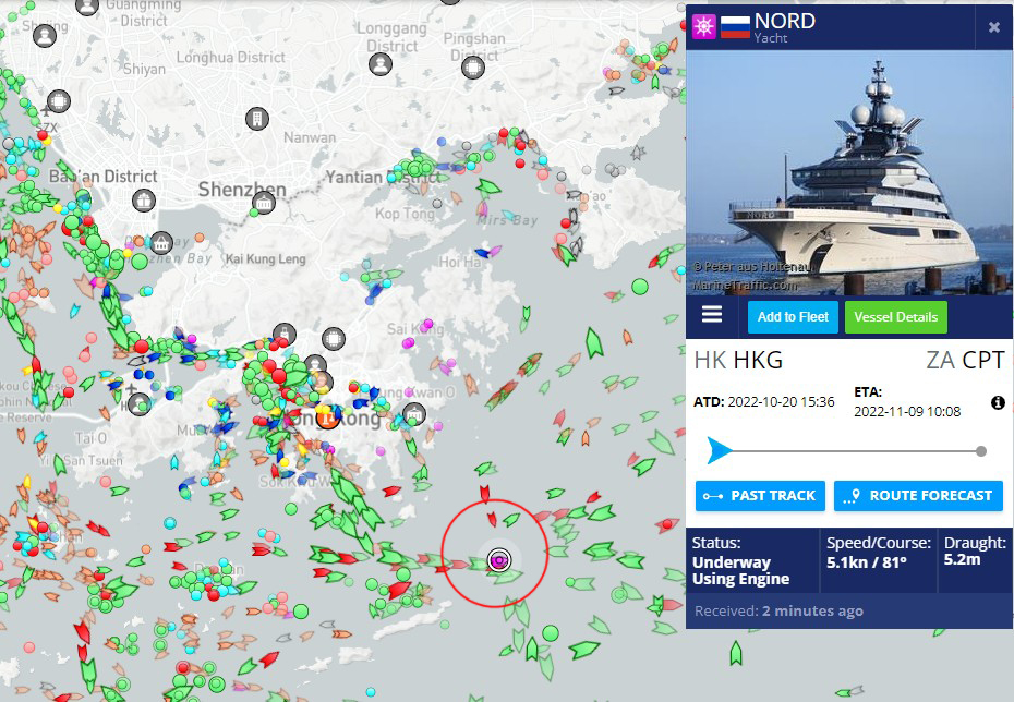 截至下午5时50分，超级游艇「Nord」的位置。(航海网站截图)
