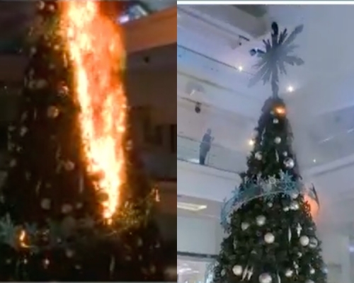 又一城商場的大型聖誕樹糟示威者掟燃燒彈焚燒。now截圖