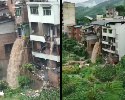 重慶大暴雨致民宅露台變瀑布。(網圖)