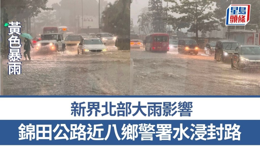 黃雨｜新界北部大雨影響 錦田公路近八鄉警署水浸封路