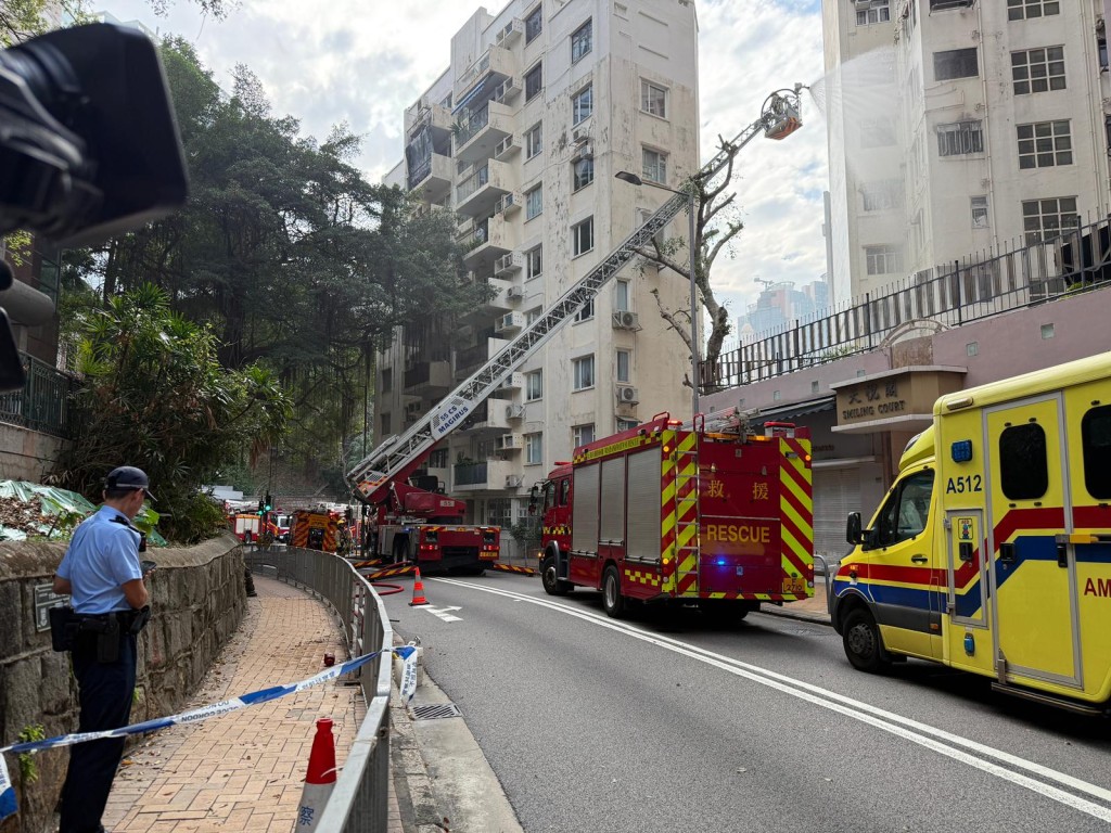 消防升起雲梯開喉灌救。