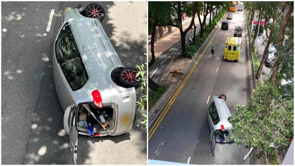 上水私家車撞壆翻側 6旬司機有驚無險。網上圖片