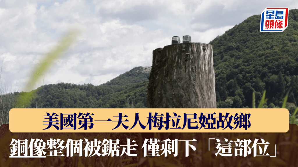 梅拉尼婭的雕像近日被人整個鋸走，僅剩下兩個「腳踝」。美聯社
