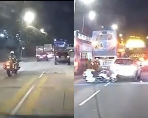 警員追截私家車,警方電單車隨後被撞倒。資料圖片