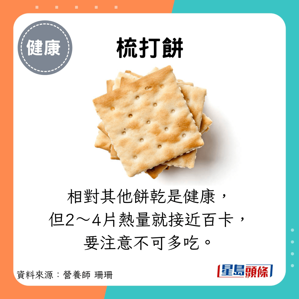 梳打饼：相对其他饼乾是健康， 但2～4片热量就接近百卡， 要注意不可多吃。