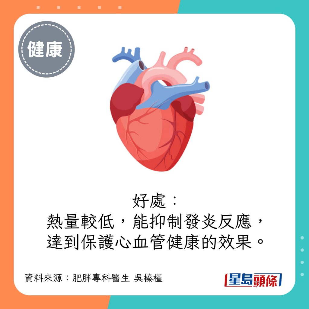 好處：熱量較低，能抑制發炎反應，達到保護心血管健康的效果