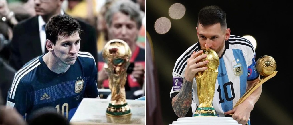 2014年世界杯决赛，美斯深情凝望大力神杯；右图：历经5届世界杯的美斯，首次捧起大力神杯。新华社