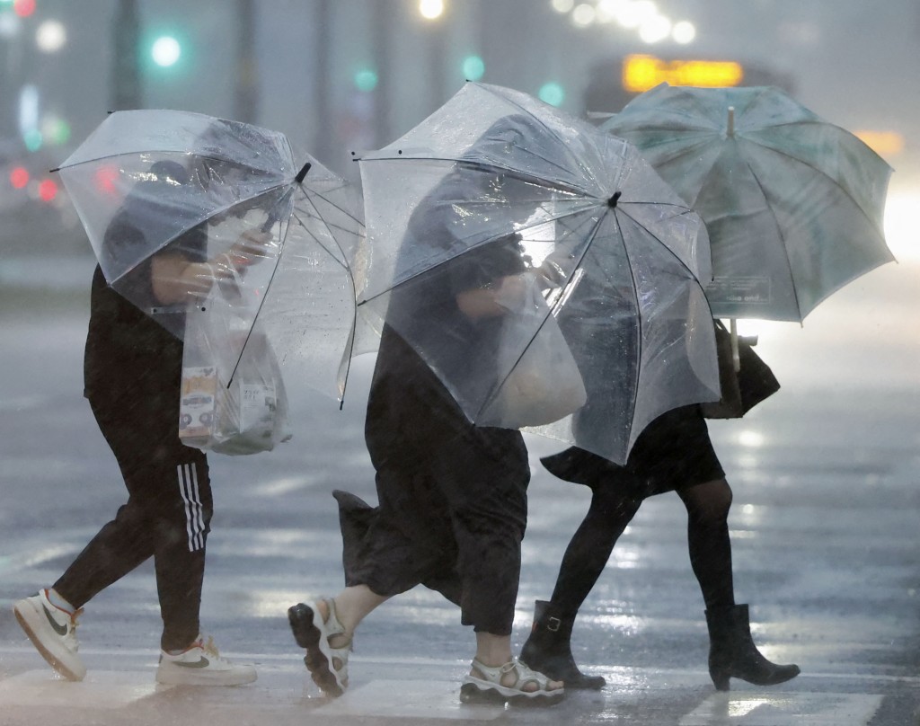 鹿儿岛市民撑伞挡风雨。路透社