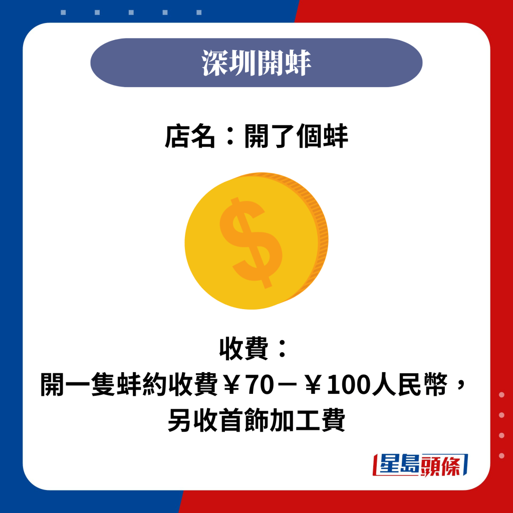 收費： 開一隻蚌約收費￥70－￥100人民幣， 另收首飾加工費