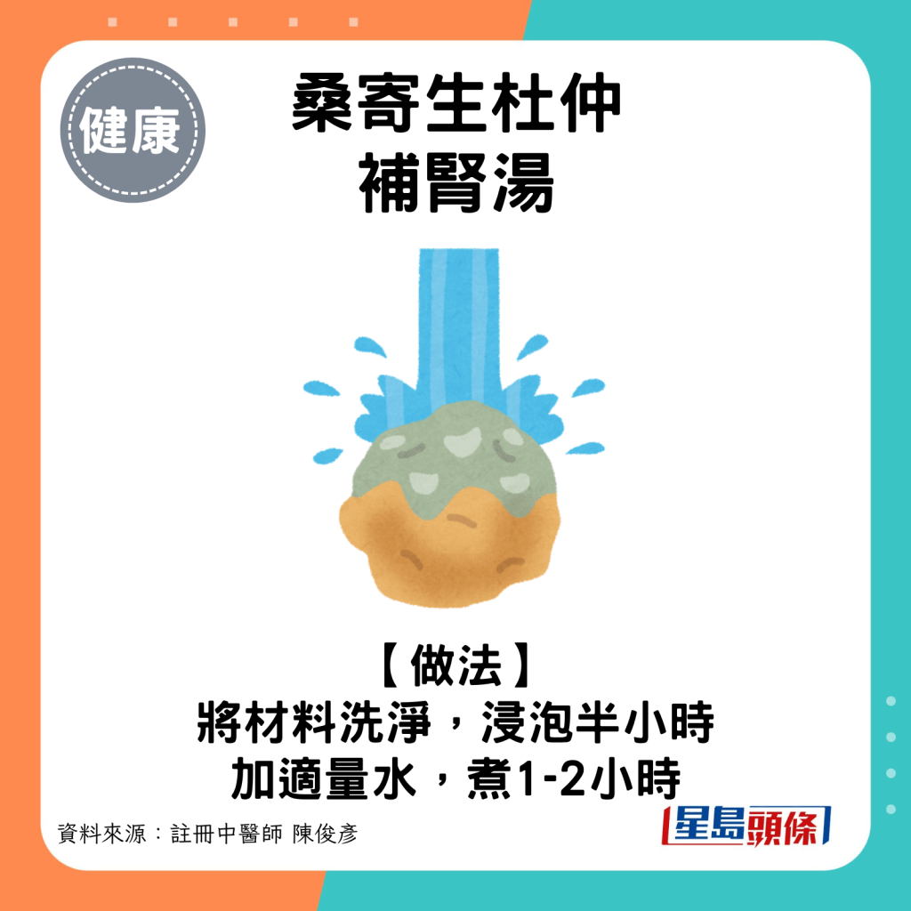 桑寄生杜仲補腎湯做法：將材料洗淨，浸泡半小時，加適量水，煮1-2小時。