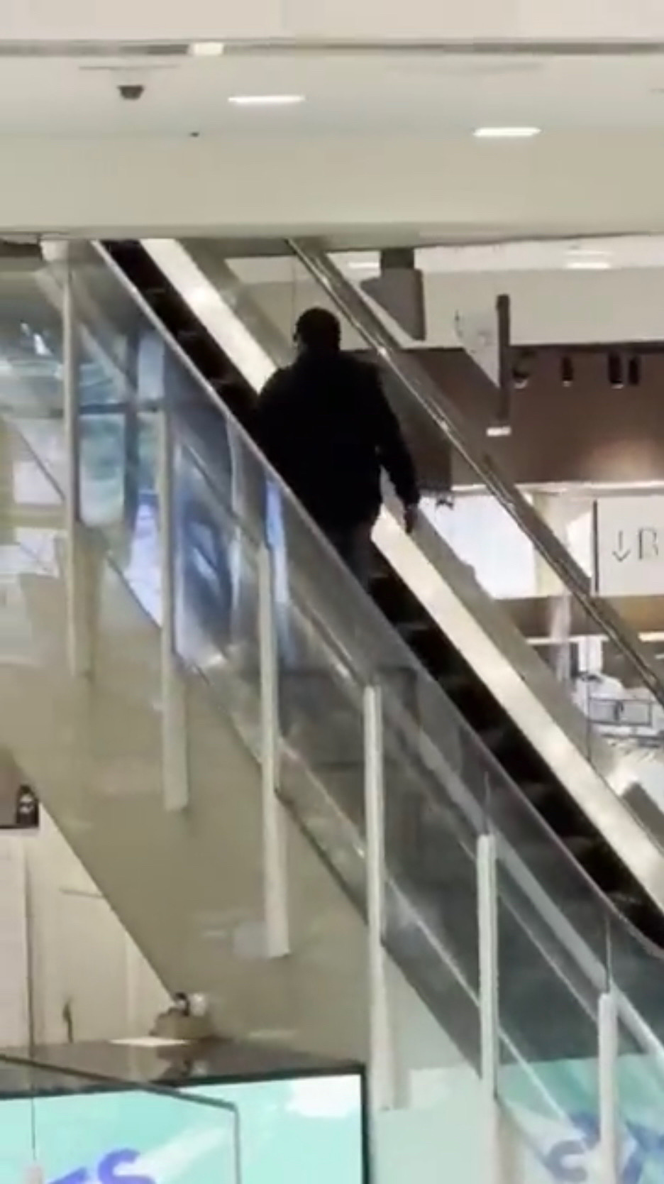 男子在電梯踏步再往上走。 Twitter影片