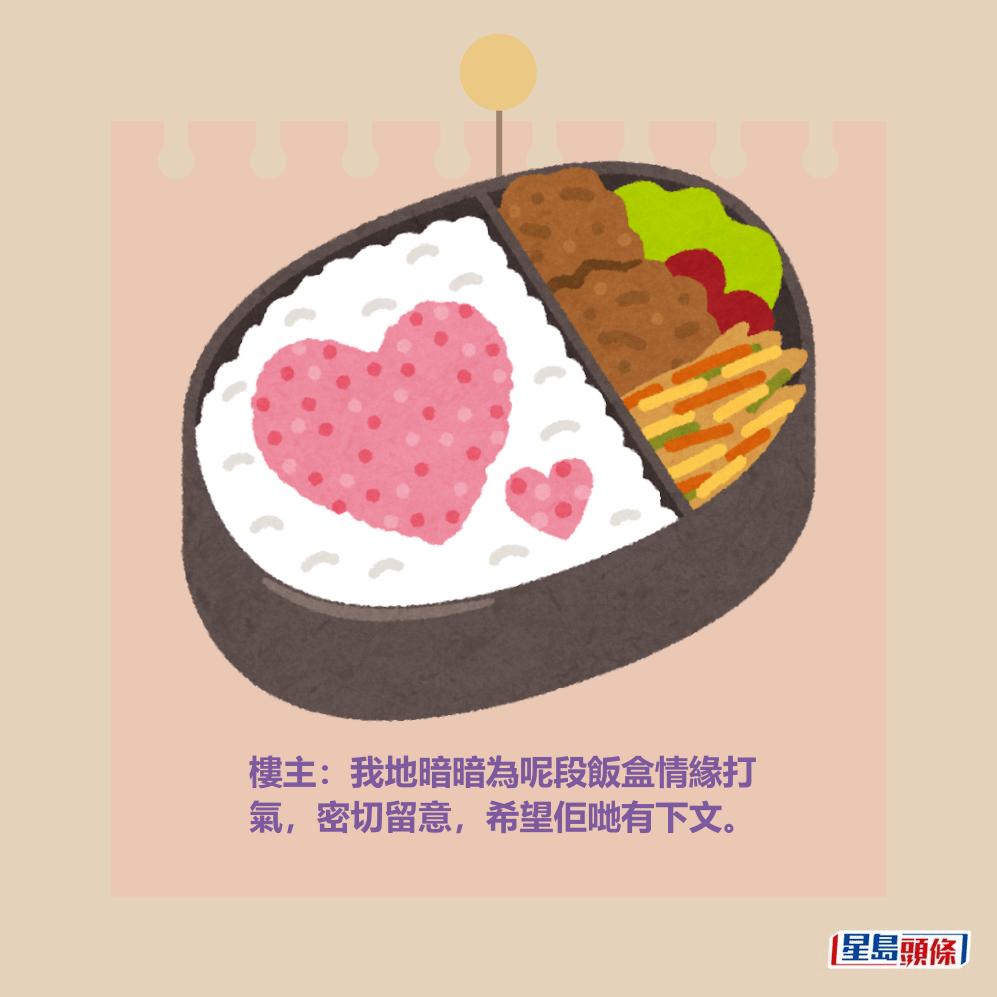 樓主：我地暗暗為呢段飯盒情緣打 氣，密切留意，希望佢哋有下文。