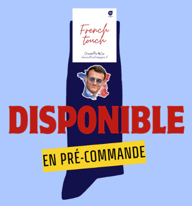 品牌準備推出印有法國總統馬克龍戴著雷朋太陽眼鏡的頭像襪。（Chaussettes et compagnie官網截圖）