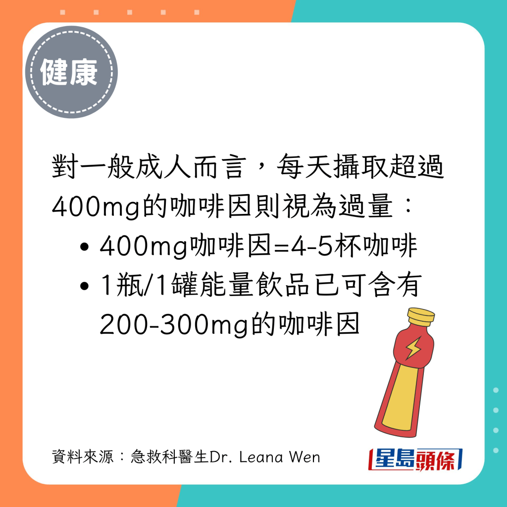 对一般成人而言，每天摄取超过400mg的咖啡因则视为过量