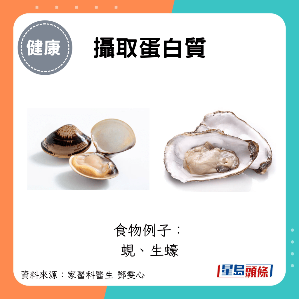 摄取蛋白质：食物例子： 蚬、生蚝