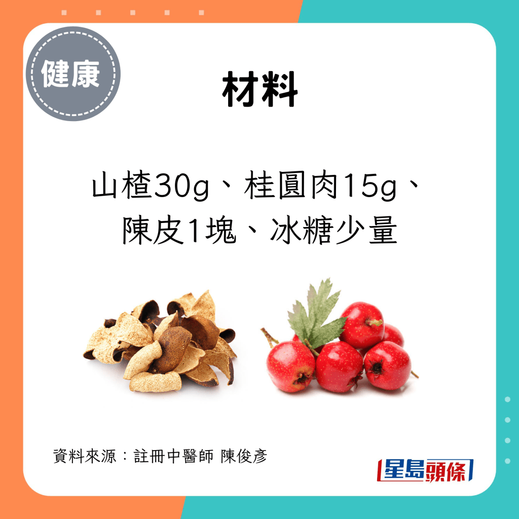 材料：山楂30g、桂圆肉15g、 陈皮1块、冰糖少量