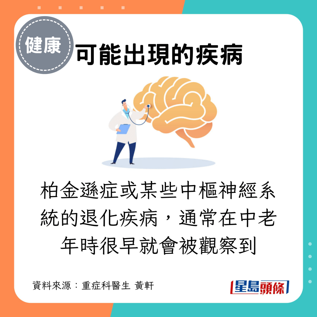 可能由於柏金遜症或某些中樞神經系統的退化疾病，通常在中老年時很早就會被觀察到