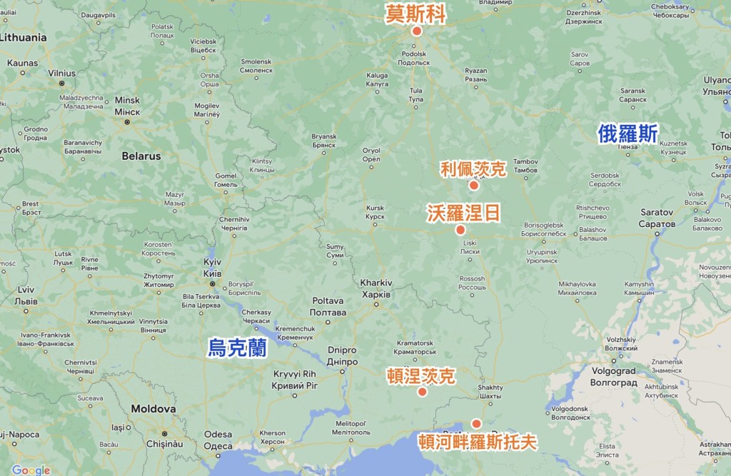 俄罗斯兵变｜6月24日 重要城市位置图。 Google Map