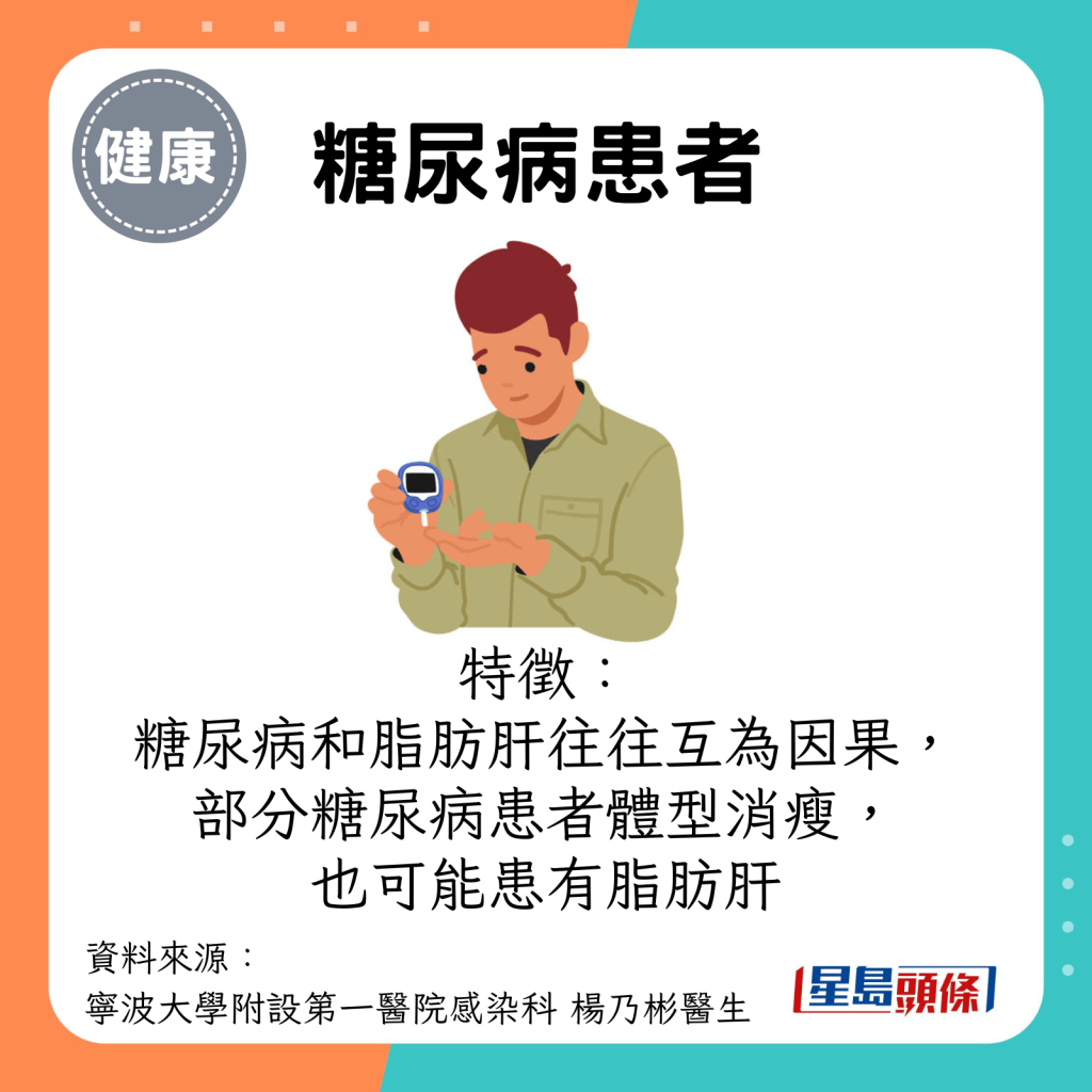 糖尿病患者：糖尿病和脂肪肝往往互為因果，部分糖尿病患者體型消瘦， 也可能患有脂肪肝