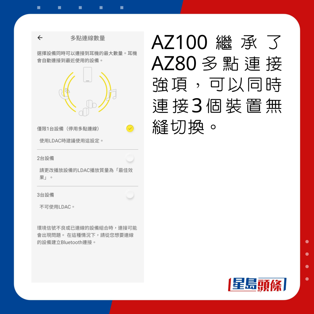 AZ100繼承了AZ80多點連接強項，可以同時連接3個裝置無縫切換。