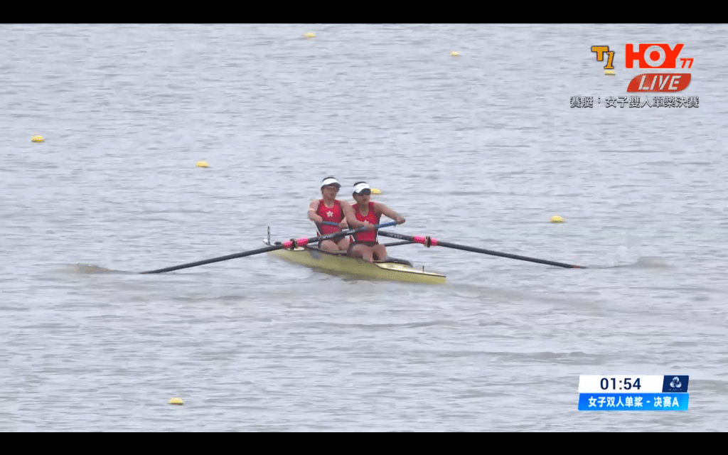 全運會女子雙人單槳決賽黃湘儀、梁瓊允排名第六完賽。直播截圖