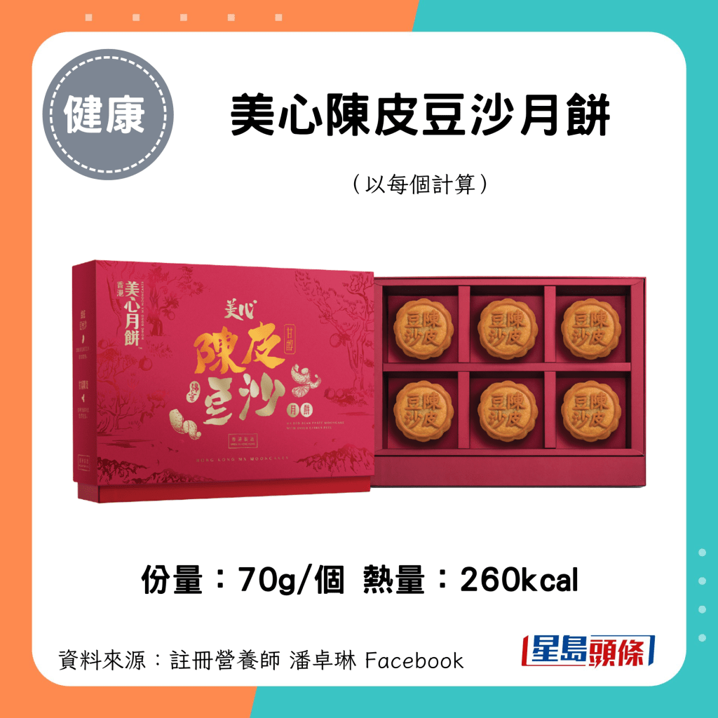 中秋月餅卡路里｜ 美心陳皮豆沙月餅（70g/個）260kcal 