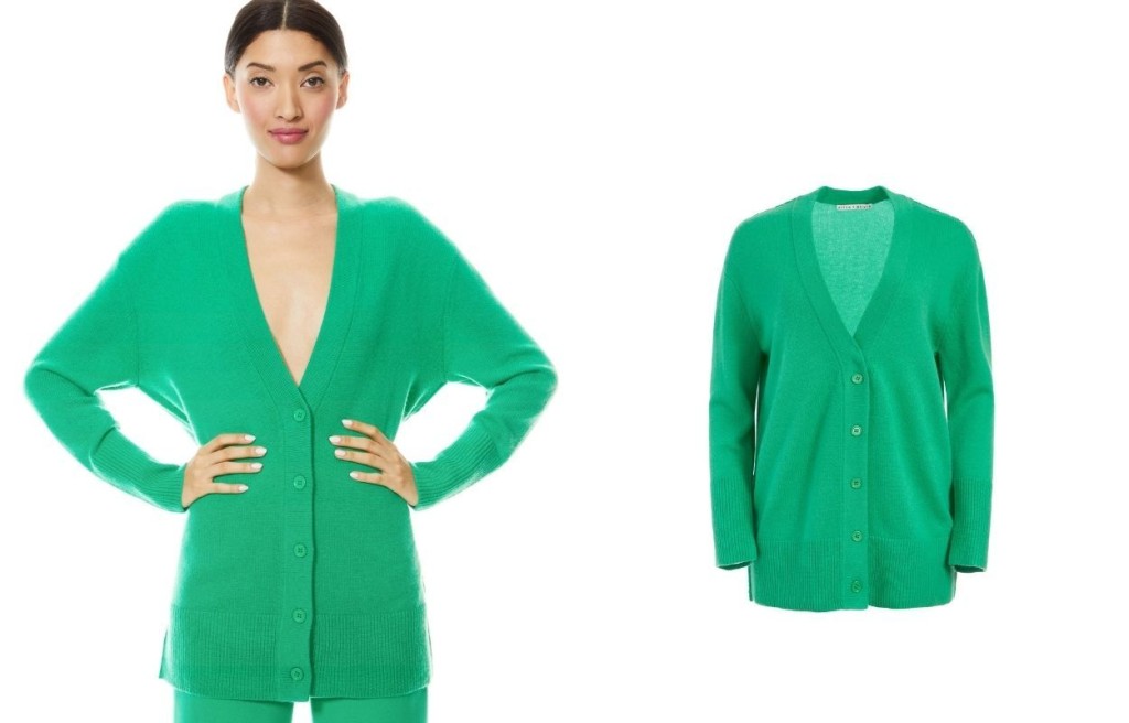 alice + olivia搶眼的綠色外套，較長身的設計可以配襯貼身褲。