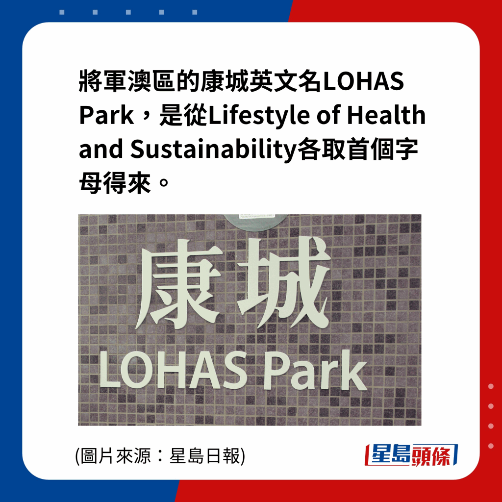 将军澳区的康城，英文名LOHAS Park，是从Lifestyle of Health and Sustainability各取首个字母得来。