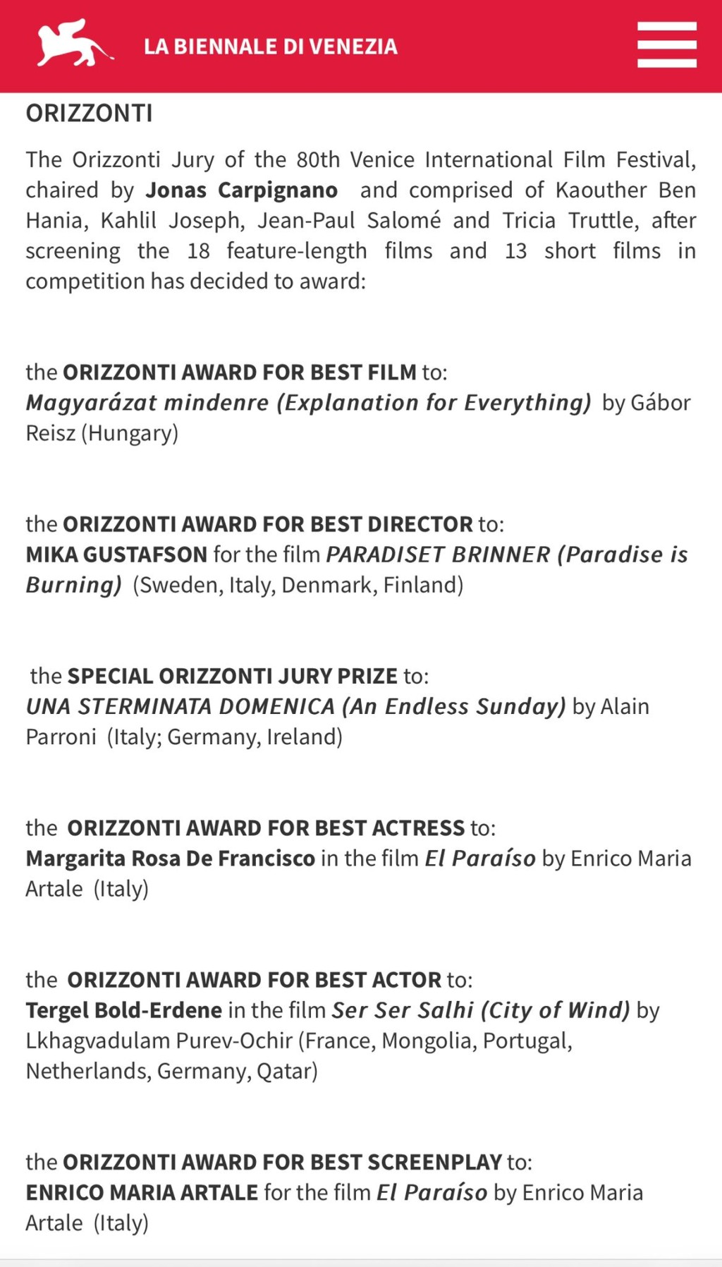 今屆威尼斯電影節獲獎名單，該片榜上無名。 威尼斯電影節官網