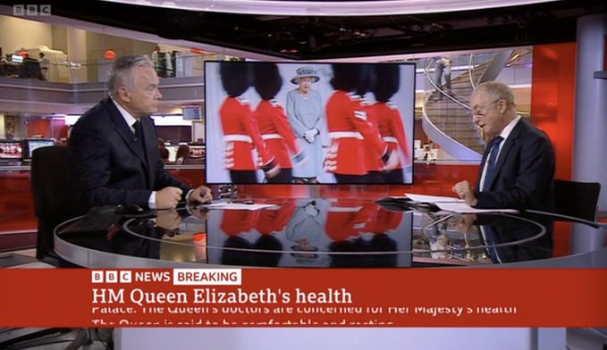 BBC中斷原有播放節目的計劃，改為新聞直播，報道英女皇最新動態。