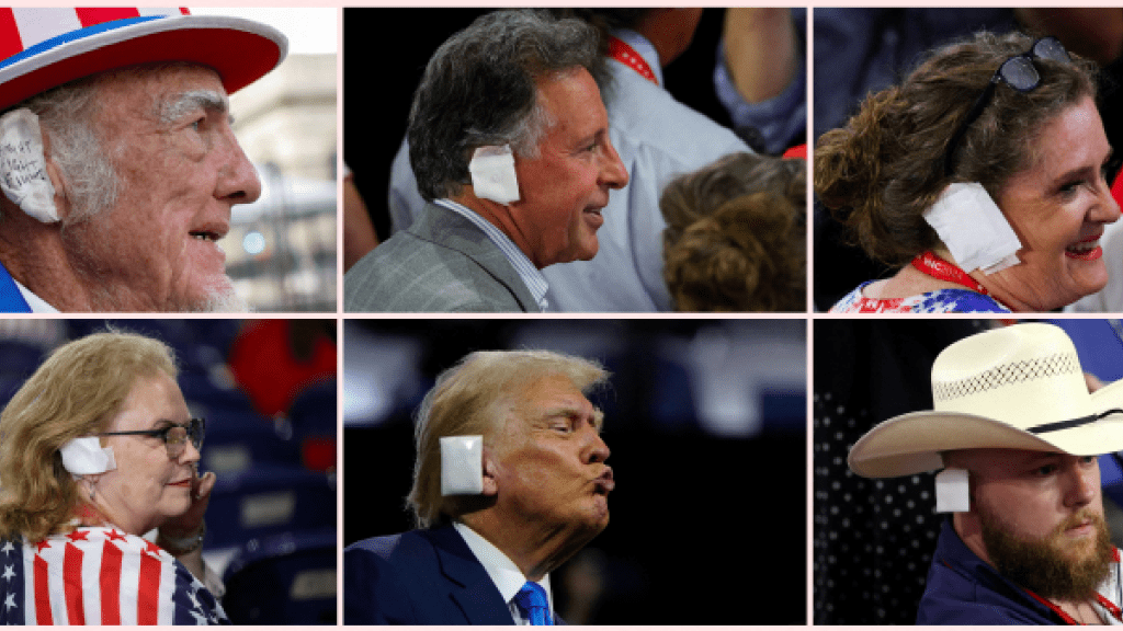 共和党全国代表大会期间，支持者和参与则用绷带包着耳朵向特朗普致敬。（路透社）