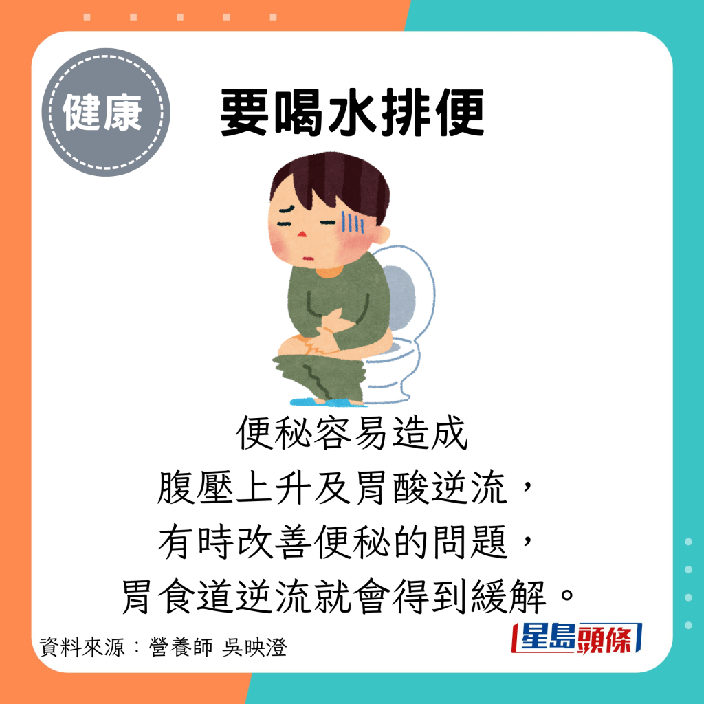 要喝水排便：便秘容易造成 腹壓上升及胃酸逆流， 有時改善便秘的問題， 胃食道逆流就會得到緩解。