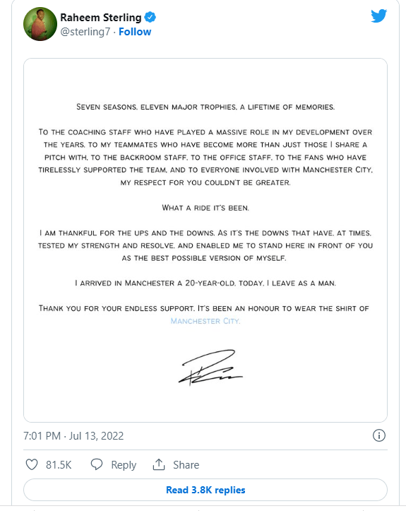史達寧在twitter撰寫道別信，向曼城感謝七年來的愛護。 史達寧twitter圖片