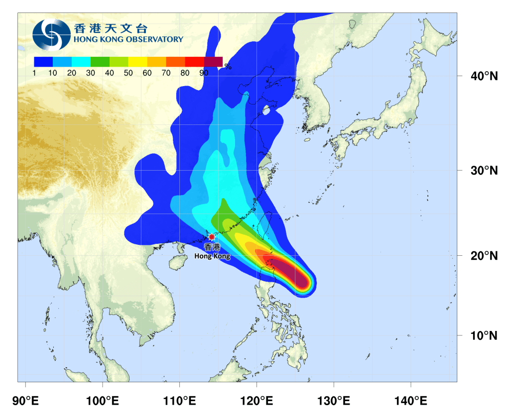 超强台风杜苏芮：天文台7月26日早上的路径概率预报。（天文台网页）