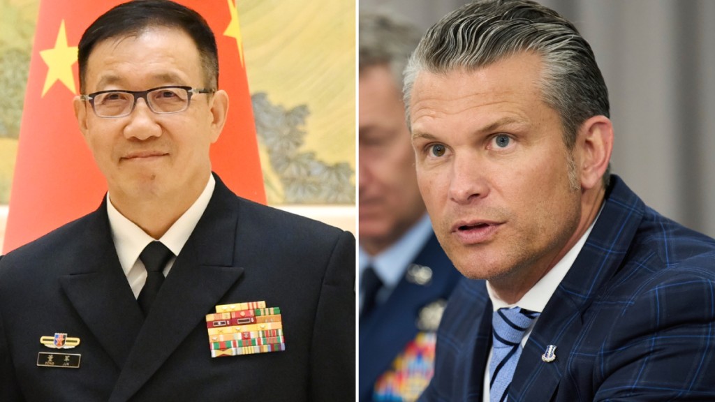 國防部長董軍9日晚應約同美國國防部長赫格塞思視頻通話。中新社/美聯社