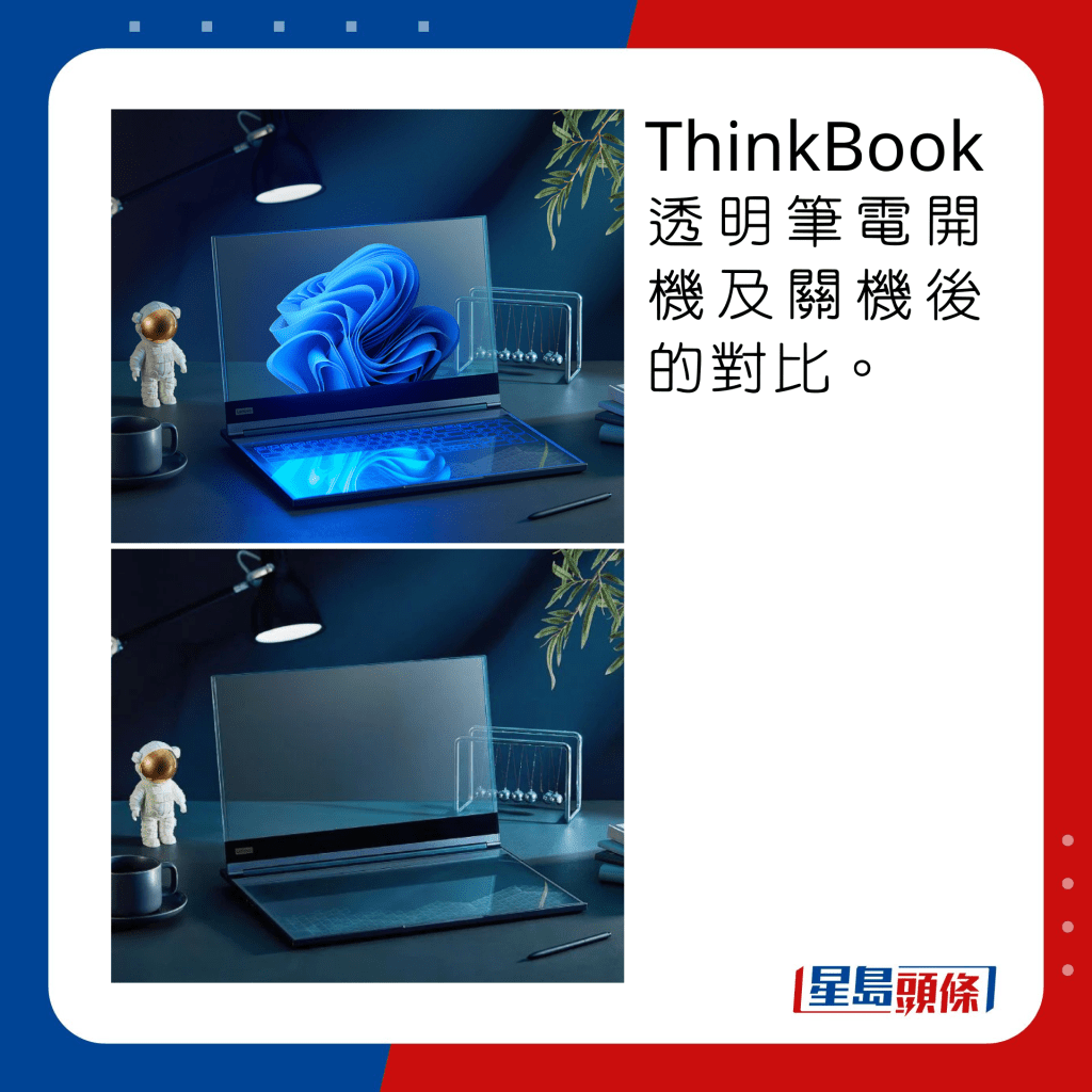 ThinkBook透明筆電開機及關機後的對比。