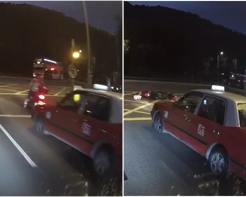 電單車被的士從後撞上。影片截圖