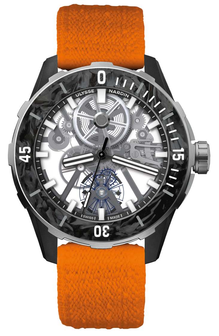 Ulysse Nardin Diver [Air]，錶殼：44mm鈦金屬及碳纖維複合材料 / 機芯：UN-374自動 / 售價：36,000瑞郎。