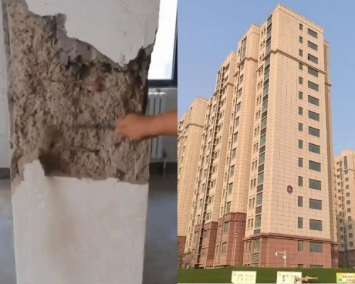 河南郑州金水区小贺庄村一个安置房，楼盘的混凝土柱一敲即碎。（网图）