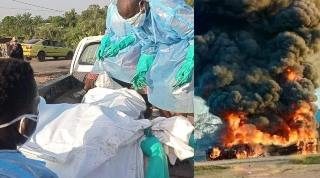 利比里亞運油車失事翻側，民眾到場搶油期間發生爆炸，釀超過40死數十傷。網上圖片