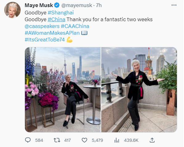 梅耶·馬斯克（Maye Musk）在社交媒體不斷大讚今次中國之旅。（twitter）